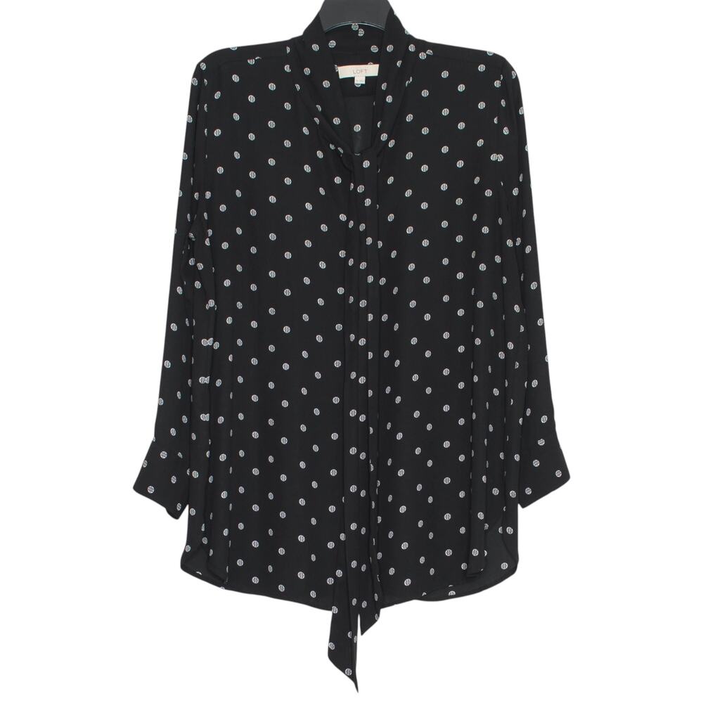 Ann Taylor Loft Top Polka Dot Tie Neck Career Office Workwear Black White XXL
